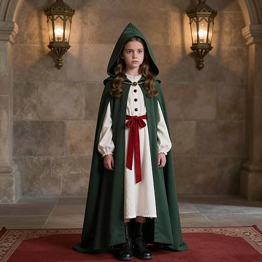Young girl in medieval style cloak indoors