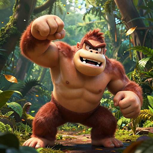 CGI image of a muscular, brown-furred gorilla with a fierce expression, punching forward in a sunlit, dense jungle forest.