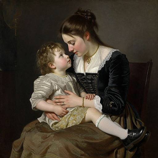 Photorealistic painting of a woman in a black velvet dress cradling a young boy in a gold and white outfit, gazing lovingly at