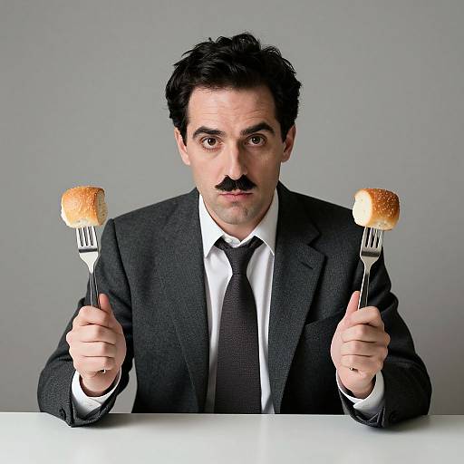 Photograph of a man with dark hair, mustache, black suit, white shirt, and tie, holding forks with toasted bread. Gray background,