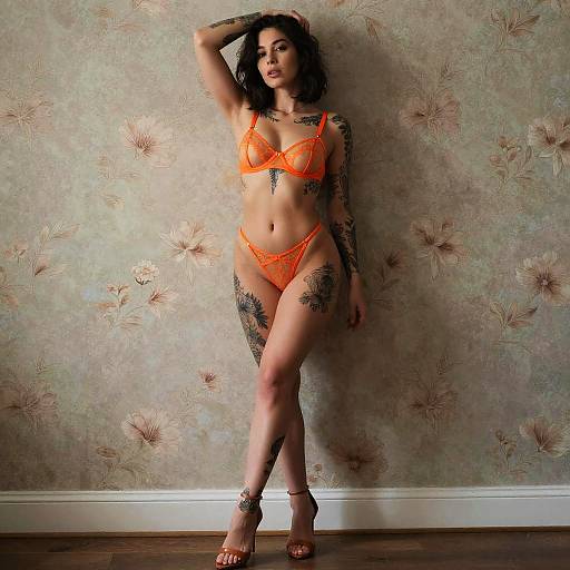 Photograph of a tattooed woman in bright orange lace lingerie and high heels, standing against a floral-patterned wallpaper.