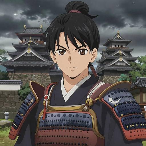 Anime-style drawing of a serious samurai with black hair in a topknot, wearing detailed armor, in front of traditional Japanese castle under a storm