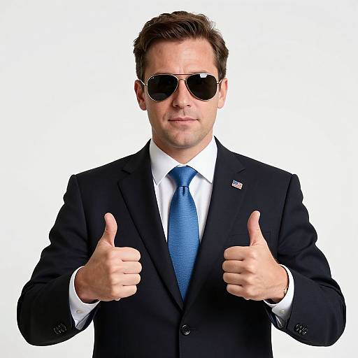 Photograph of a confident man in a black suit, white shirt, blue tie, and sunglasses, giving two thumbs up against a white background.