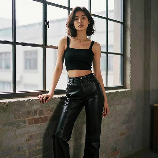 Photograph of a young woman with short dark hair, wearing a black crop top and high-waisted black leather pants, standing by a large window