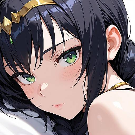 Closeup Portrait of Anime Girl with Black Hair and Green Eyes