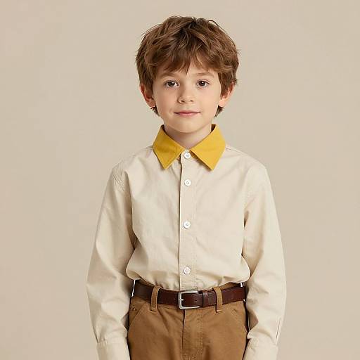 Boy in Beige Shirt and Brown Pants