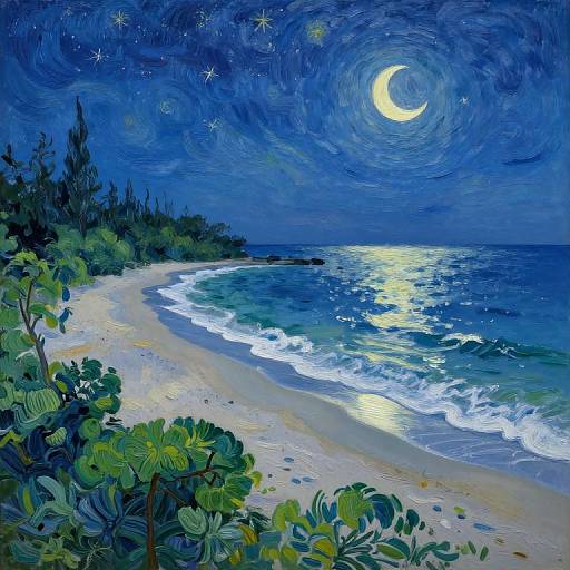 Van Gogh Style Nighttime Beach Scene