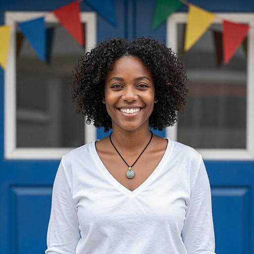 Smiling Woman Portrait by Colorful Door