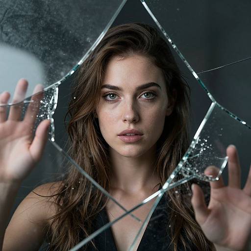Photograph of a serious, brunette woman with green eyes, pressing hands against a broken, reflective glass panel, wearing a black top. Dark, mo