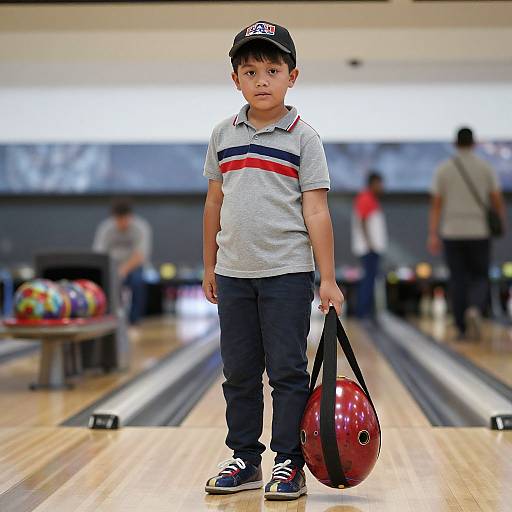 Photograph of a young boy in a baseball cap, gray shirt, black pants, and sneakers, holding a red bowling ball in a brightly lit bowling