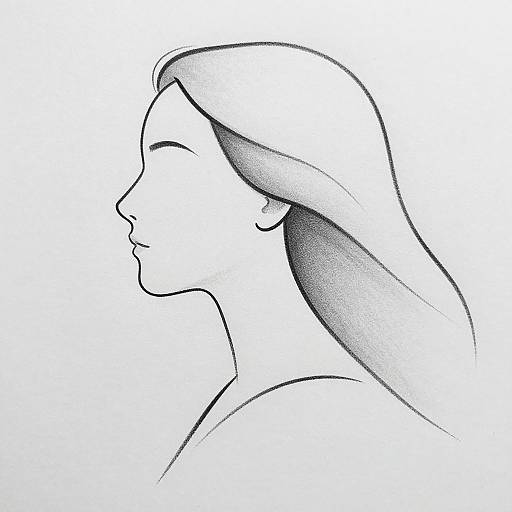 Black-and-white line drawing of a woman's profile, long flowing hair, closed eyes, minimalistic style, simple contours, white background.