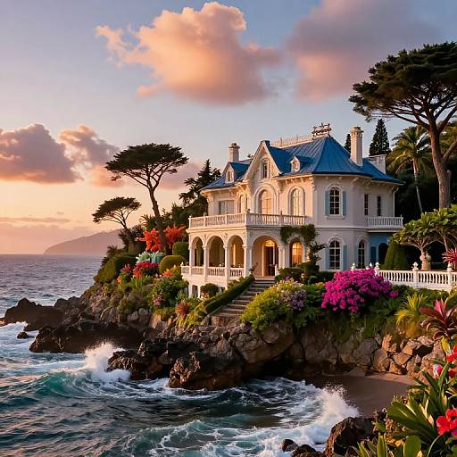 Photograph of a grand, white, Victorian-style mansion with blue roof, surrounded by vibrant pink and red flowers, rocky cliffs, and ocean waves,