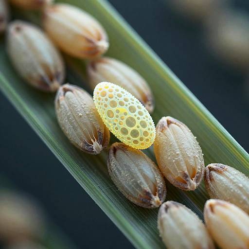 Close-up photograph of a translucent, honeycomb-patterned larva on a green leaf, surrounded by several beige, textured, oval-shaped eggs.