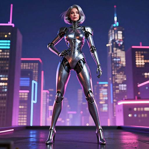 Futuristic Cyborg in Neon Cityscape