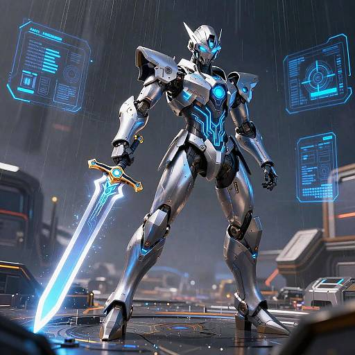 CGI image of a futuristic, silver and blue armored robot warrior with glowing blue accents, holding a glowing sword in a rainy, neon-lit city