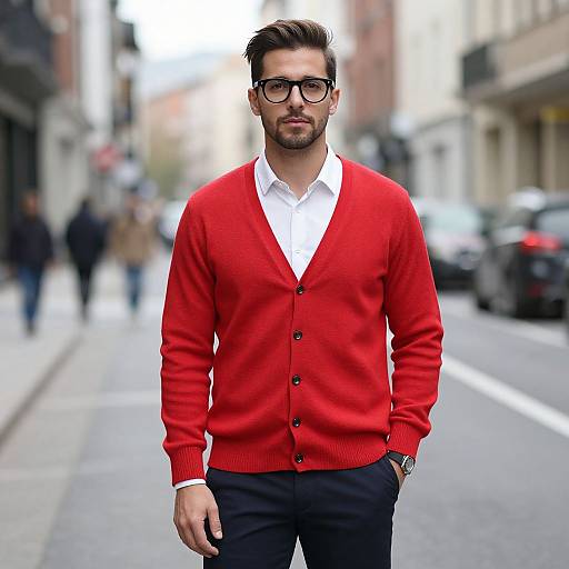 Photograph of a handsome bearded man with dark hair, wearing black-framed glasses, a bright red cardigan, white shirt, black pants,