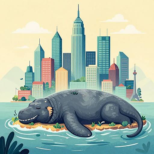 Digital illustration of a large, dark blue, sleeping sea monster on a small island in the foreground, with a colorful, modern city skyline in the background