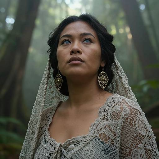 Photograph of a South Asian woman with medium brown skin, black wavy hair, wearing a lace veil and ornate earrings, looking upwards in a