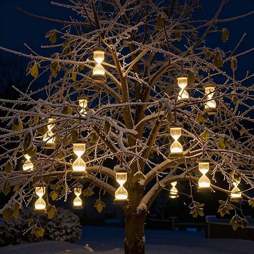 Photograph of a snow-covered tree illuminated by glowing lanterns, set against a dark blue night sky, with yellow leaves visible.