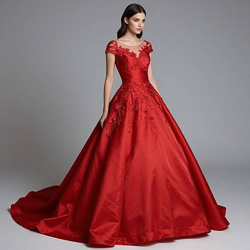 Photograph of a slender woman with dark hair in an elegant, red, lace-embellished, ball gown with a full skirt and off-the