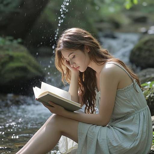 Woman Reading in Lush Forest Serenity