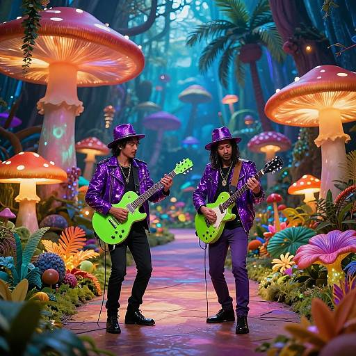 Digital artwork of two men in purple sequin jackets and hats, playing neon green electric guitars in a vibrant, mushroom-filled forest.