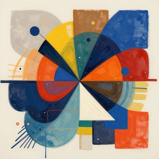 Abstract geometric painting featuring overlapping, colorful shapes in red, blue, yellow, and orange with black and teal accents on white background.