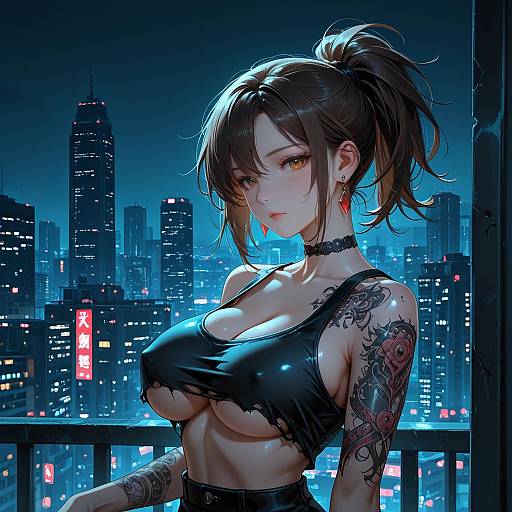Anime Girl with Tattoos at Night Cityscape