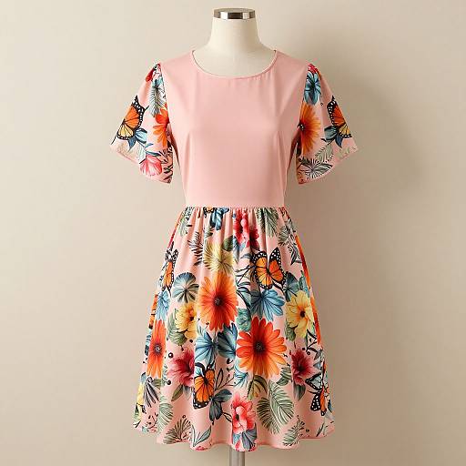 Photograph of a pink children's dress with colorful floral print on the skirt and sleeves, displayed on a white mannequin against a plain white background