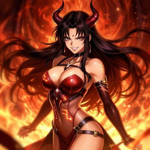 Digital anime-style illustration of a seductive, horned demon woman with long black hair, red armor, and fiery orange background.
