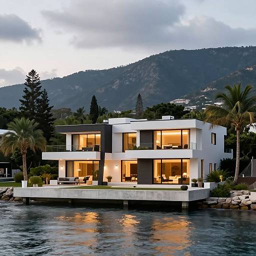 Modern Waterfront Mansion at Dusk