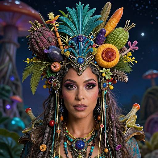 Fantastical digital portrait of a woman with colorful, intricate headdress adorned with fruits, feathers, and beads, set against a starry, mushroom