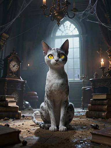 Photorealistic CGI of a silver-gray cat with bright yellow eyes sitting in a dimly lit, dusty, cobweb-filled, antique library.