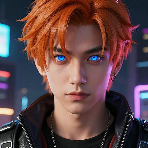 Cyberpunk Character with Orange Hair and Blue Eyes