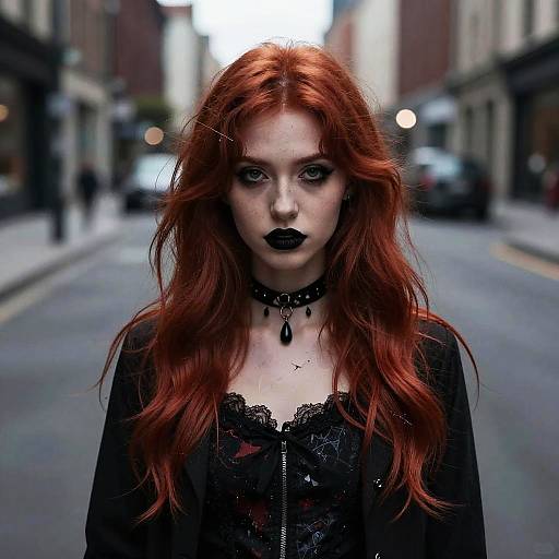 Photograph of a pale woman with long red hair, black lipstick, black lace dress, and choker, standing in a blurred urban street.