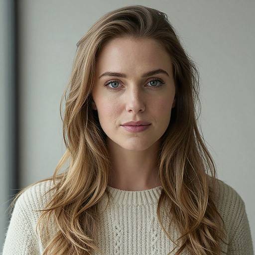 Photograph of a young Caucasian woman with long, wavy brown hair, blue eyes, and fair skin, wearing a white knit sweater, against a