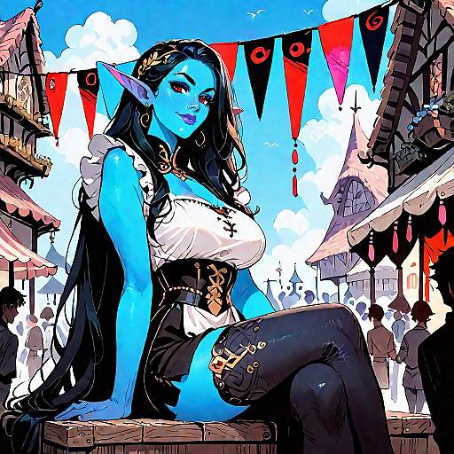 Smiling Blue-Skinned Dark Elf Woman in Medieval Market