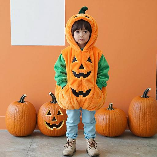 Child in Pumpkin Costume with Pumpkins