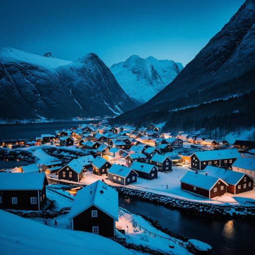 Snowy Mountain Village in Norwegian Fjords at Twilight