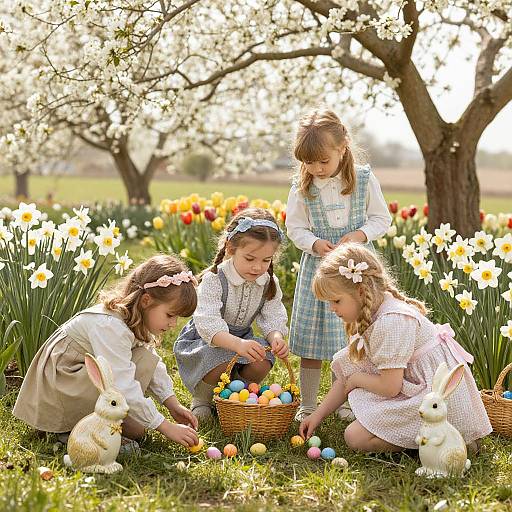 Photograph of four young girls in vintage dresses, picking Easter eggs under blooming cherry trees with white and yellow daffodils, surrounded by two