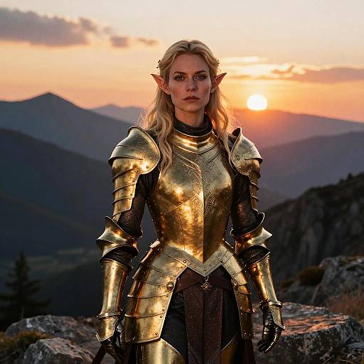 Photograph of a blonde, elf-eared woman in golden armor standing at sunset in a mountainous landscape, with warm orange and purple sky.