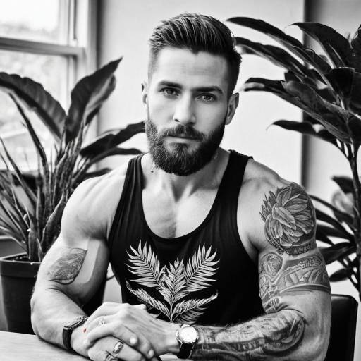 Muscular Male Portrait with Tattoo and Plant