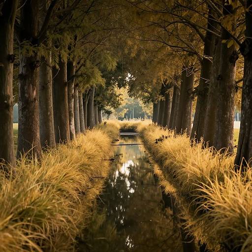 Photograph of a tree-lined pathway with tall grass, golden leaves, and a reflective water channel in autumn. Warm, soft lighting.
