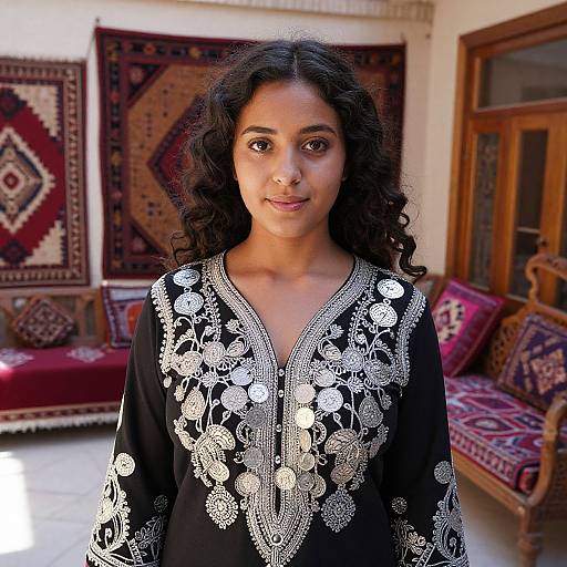 Photograph of a young South Asian woman with dark curly hair, wearing an intricately embroidered black traditional outfit, standing in a richly decorated room with