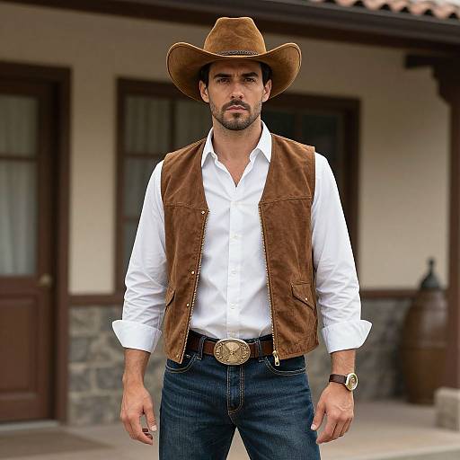 Photograph of a serious, bearded man in a brown cowboy hat, white shirt, brown vest, and blue jeans, standing in front of a