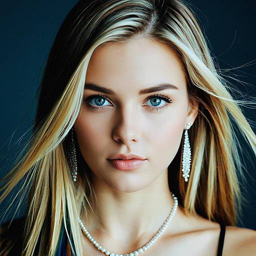 Portrait of Blonde Woman with Blue Eyes and Jewelry