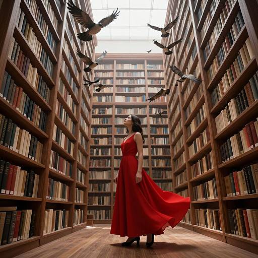 Surreal Dreamlike Library with Woman