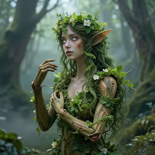 Digital artwork of an ethereal elf with green, wavy hair, elf ears, and twig-like arms, adorned with flowers in a mystical forest.