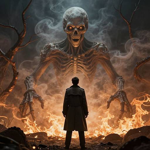 Digital art: Silhouetted man in a long coat faces enormous, skeletal, glowing-eyed monster with bony arms amidst fiery inferno and swirling