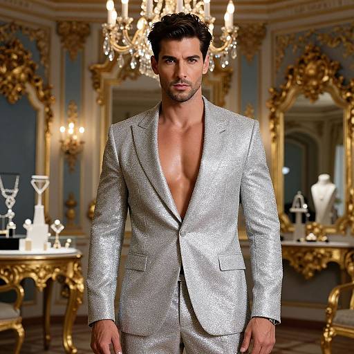 Photograph of a handsome, fit man with dark hair and stubble, wearing a silver, open-collared suit in an opulent, gold